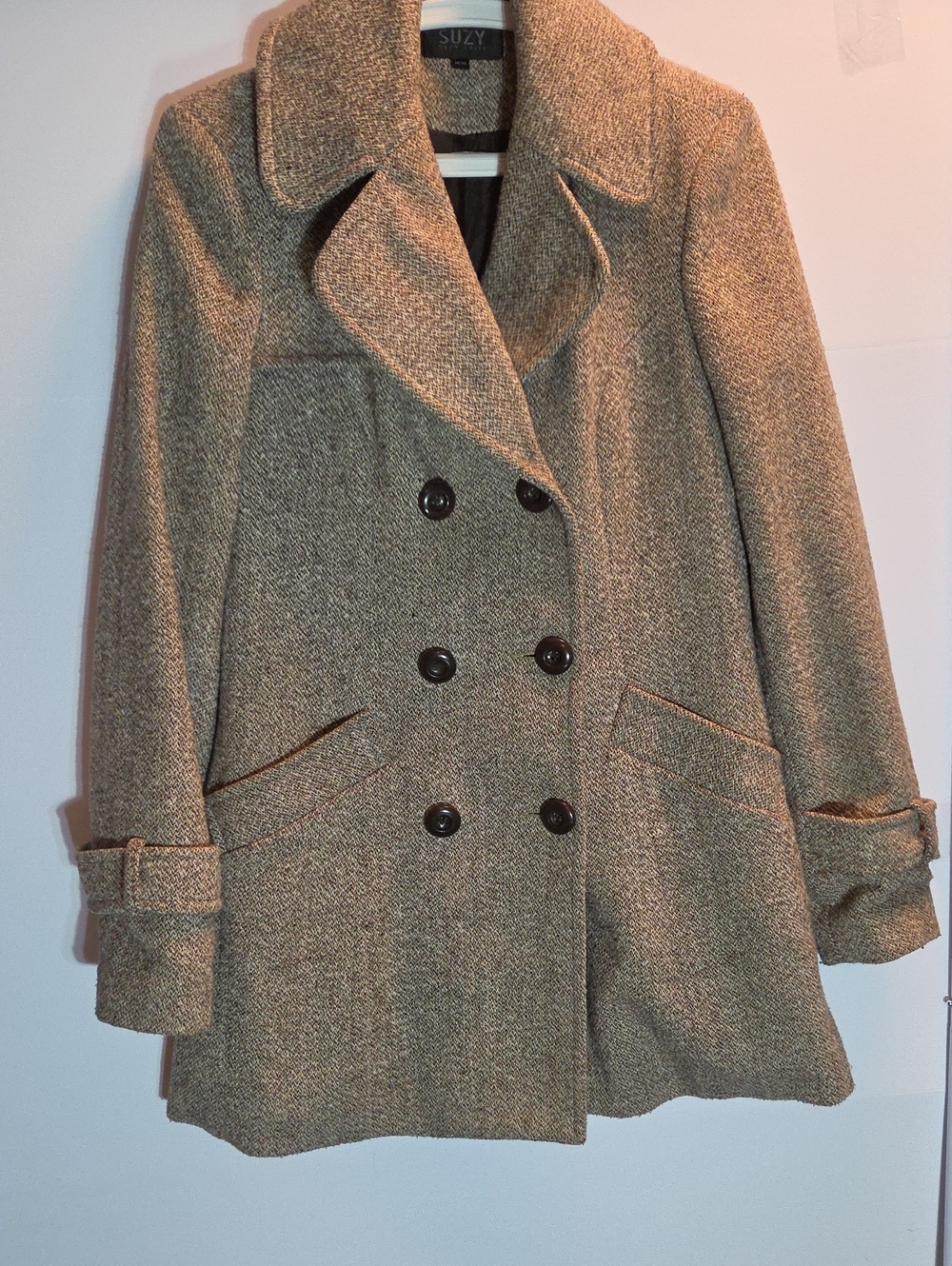 Suzy Shier Wool Blend Brown Tweed Double-Breasted Peacoat Size M